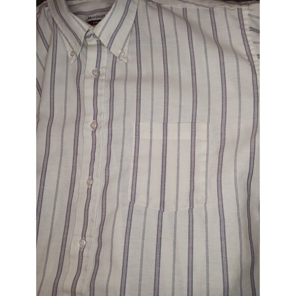 Men's Manhattan Medium Button Down Short Sleeve Shirt Striped - Picture 4 of 4